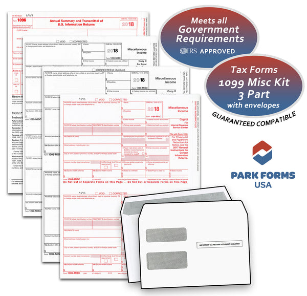 Park Forms 1099-MISC Laser Income Set & Envelope Kit, 3 part, for 25 Individuals (2018)