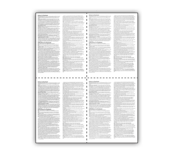 W-2 Tax Forms 4-Up Blank - With Back instructions - Compatible with laser or inkjet printers