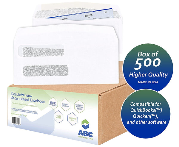 500 Check Envelope, Double Window Security Confidential Tinted Envelopes for QuickBooks Checks, Business Laser Checks, 24 lb, 3-5/8 x 8-5/8-Inches, Box of 500 Envelopes (Designed by ABC)